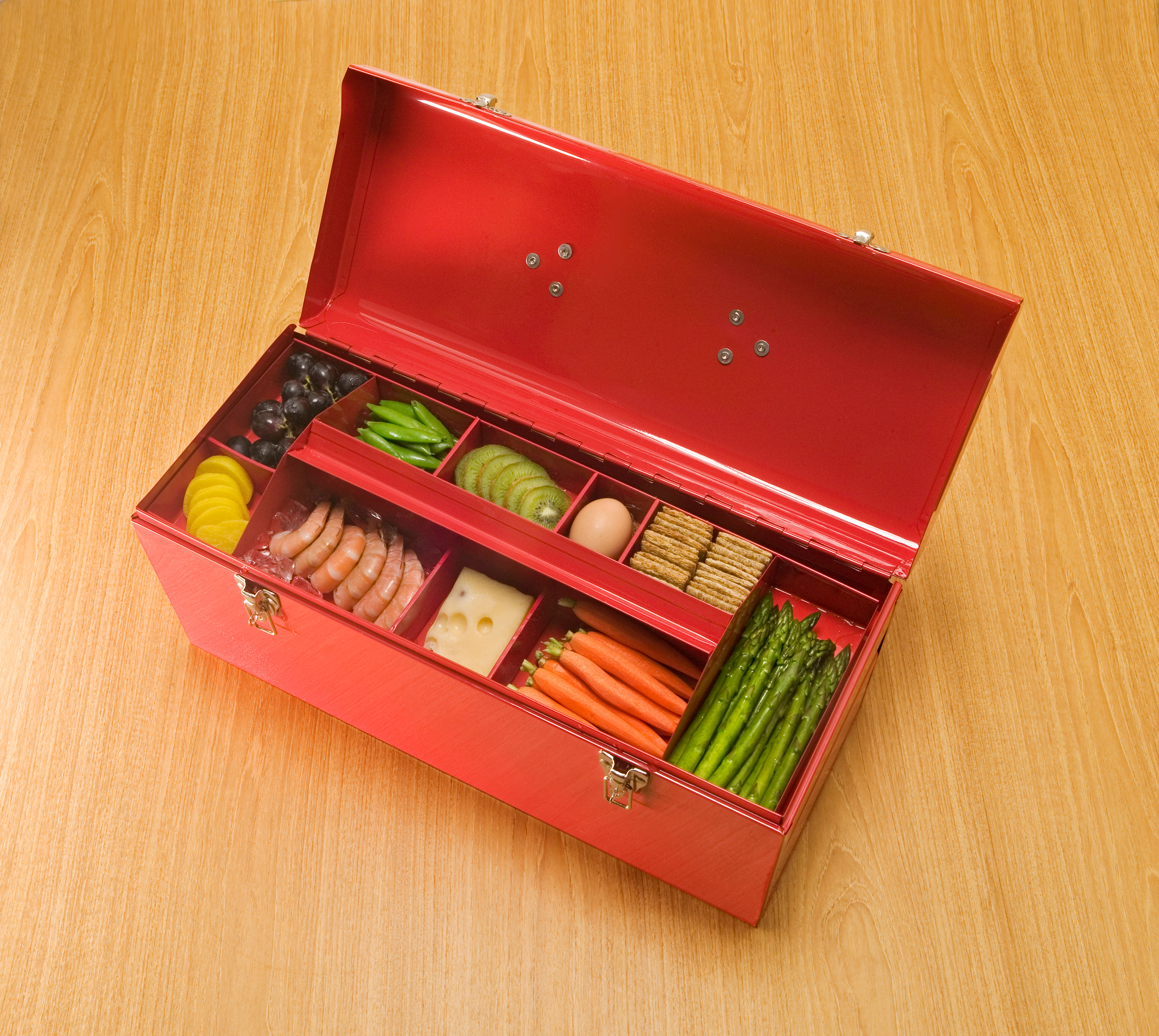 red tool box with food in top tray